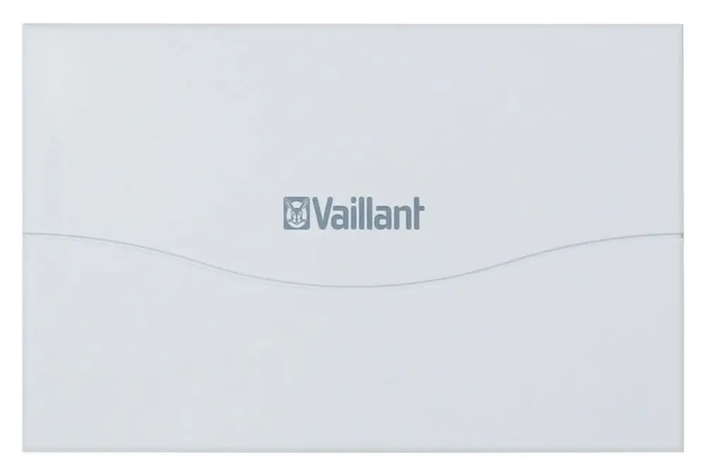 Weiße, rechteckige Box mit dem Logo von Vaillant, möglicherweise ein Spannungsnetzteil, mit einer glatten Oberfläche und einer geschwungenen Linie.